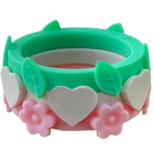Nestable Jade Garden Bubblegum Flower Ivory Heart and Mint Leaf Silicone Ring Set