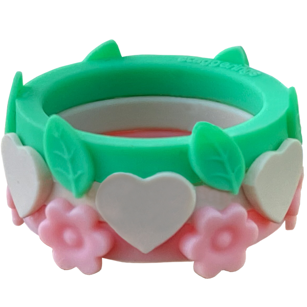 Nestable Jade Garden Bubblegum Flower Ivory Heart and Mint Leaf Silicone Ring Set