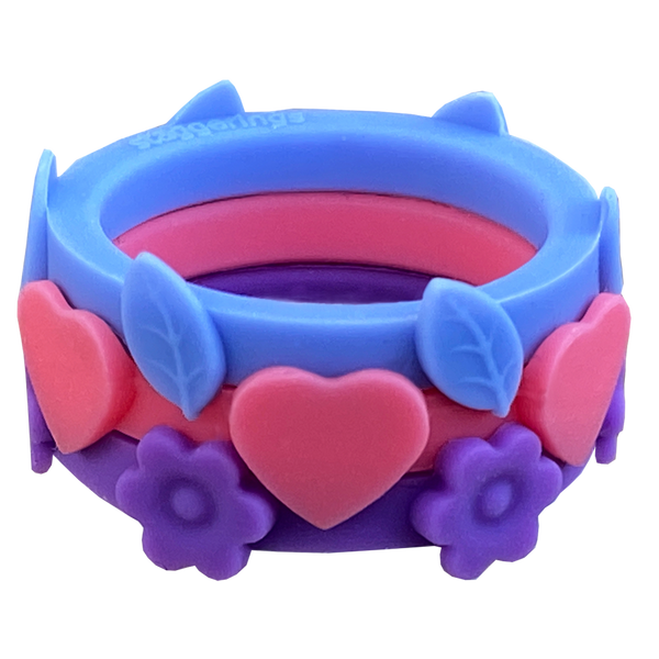 Nestable Cupcake Leaf Heart Flower Periwinkle Hibiscus Violet Silicone Ring Set