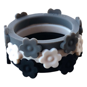 Nestable Granite Flower Stone Ivory and Midnight Silicone Ring Set Size 12