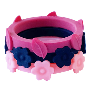 Cranberry Leaf with Midnight and Bubblegum flower rings that stack together. Flexible and comfortable silicone rings.