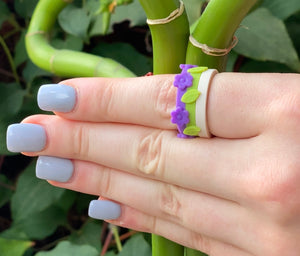 Cherished Hope Silicone Ring on Hand Purple Flower Green Leaf White Stripe